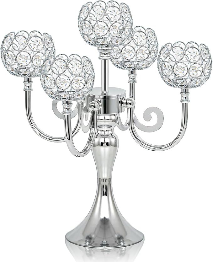 5 Arm Metal Crystal Candelabra Centerpiece - 13.4 Inch Elegant Candle Holder with Crystal Beads for Wedding Party Christmas Home Dining Table Decoration (1, Silver)