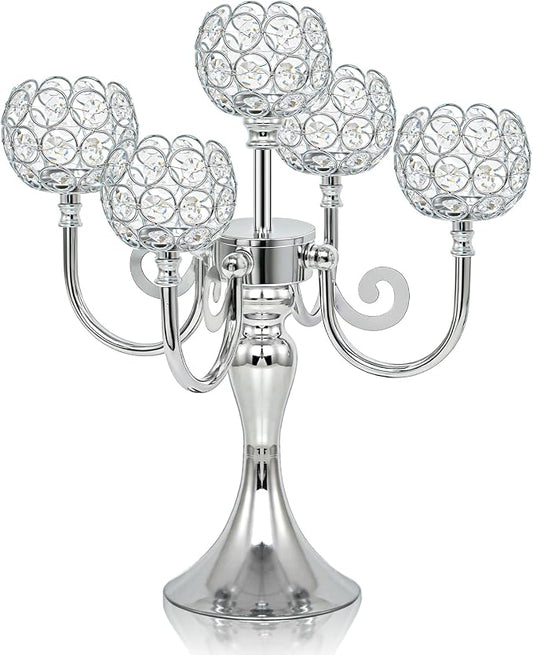 5 Arm Metal Crystal Candelabra Centerpiece - 13.4 Inch Elegant Candle Holder with Crystal Beads for Wedding Party Christmas Home Dining Table Decoration (1, Silver)