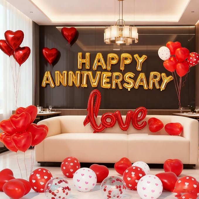 Happy Anniversary Decorations - Romantic Decor for Wedding, Valentines Day Heart Balloons for Bedroom, Party Decor Supplies