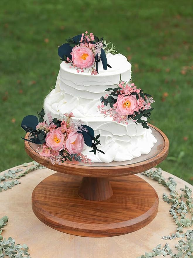 Rinlong 3Pcs Pre-made Cake Flowers Cake Decorations Wedding Cake Decorating Flowers Decor Boho Rustic Birthday Party Artificial Flowers Cake Toppers Pink Dark Green