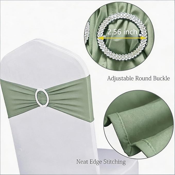 Pack of 50 Spandex Sage Green Chair Sashes for Wedding Elastic Chair Bands with Buckle Slider, Stretch Chair Bows for Party, Without White Chairs Covers (Sage Green)