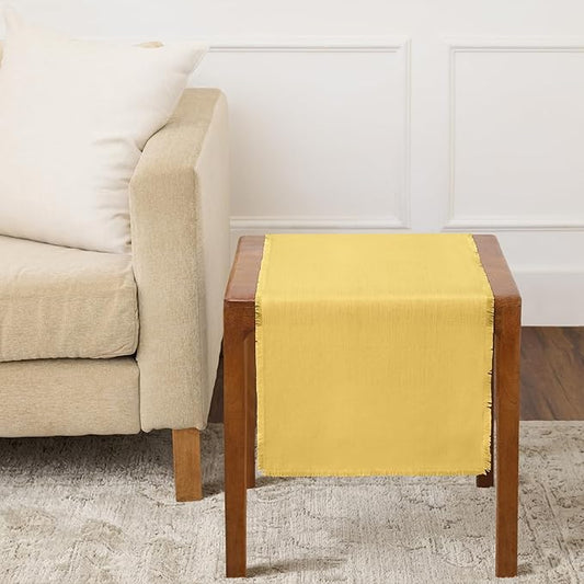 Solino Home Marigold Yellow Table Runner 36 Inches - Fringe, 100% Pure Linen Small Table Runner 14 x 36 Inch Ideal for Dresser and Coffee Tables, Spring, Summer, Mothers Day