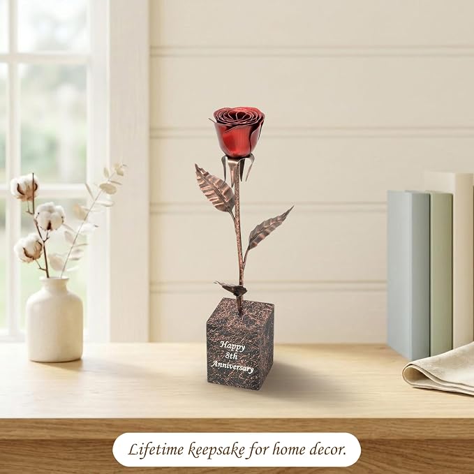 Personalized Bronze Anniversary Rose – 8th or 19th Wedding Anniversary Present, Custom Engraved Solid Copper Flower with Deep Red Bloom – 12 Inch Keepsake