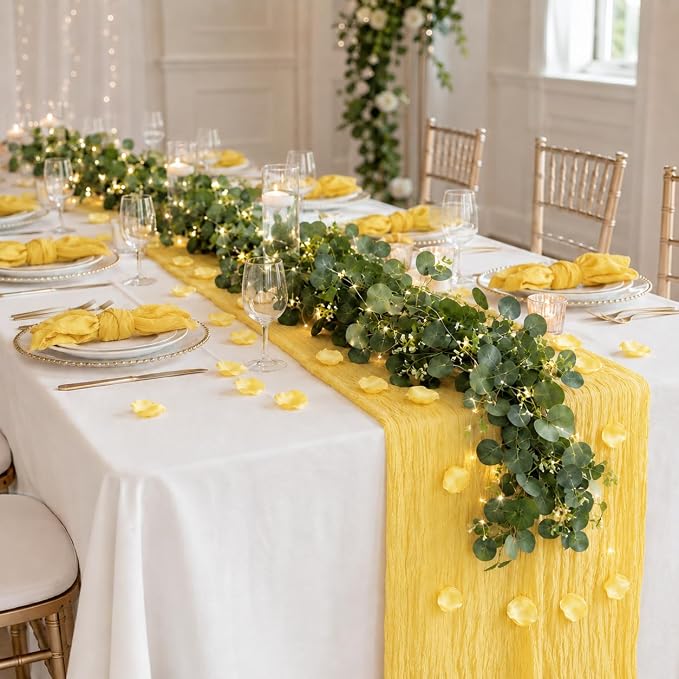 Cinrobiye 11PCS Boho Cheesecloth Table Runner Set 120'' Gauze Table Runner with Wrinkled Napkins Eucalyptus Garland and String Lights for Wedding Baby Shower Tea Party Table Decorations (Lemon yellow)
