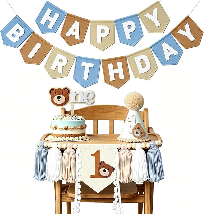 Bear 1st Birthday Decorations For Boy Girl Neutral High Chair Banner Set with Birthday Felt Banner Cake Topper Party Hat for baby first birthday