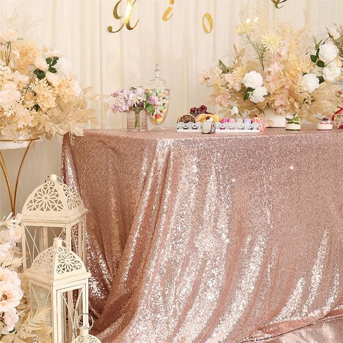 Eternal Beauty Rose Gold Tablecloth, 60x102 Inch Sequin Rectangle Table Cover for Mother's Day Cake Dessert Exhibition Party Birthday Events