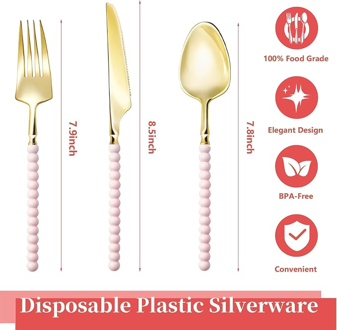 150 Pcs Gold Plastic Silverware,Gold Plastic Utensils with Pink Beads Handle,Fancy Disposable Cutlery Set Include 50 Forks 50 Knives 50 Spoons for Party & Wedding