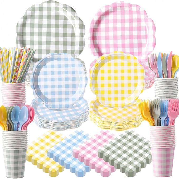 450 Pcs Gingham Tableware Set Decorations Pastel Plaid Paper Plates Napkins Cups Cutlery Straws Checkered Dinnerware Set for Baby Shower BBQ Picnic Birthday Party Supplies, Serves 50