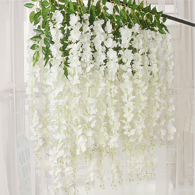 5 Pack White Green Wisteria Hanging Flowers Garland, 3.77 Feet Artificial Flower Vines, Fake Wisteria, Artificial Vines Hanging Garland for Backdrop Outdoor Yard Garden Decor
