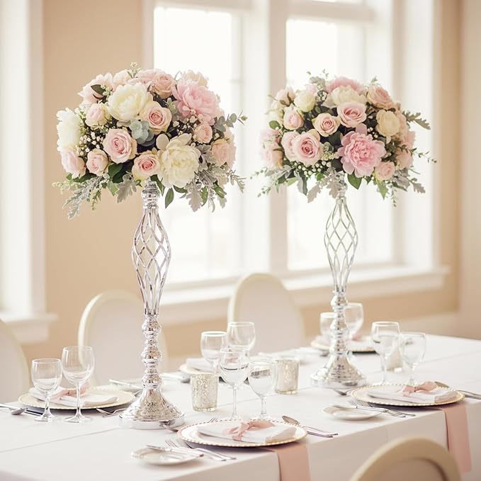 Silver Wedding Vases for Table Centerpieces - Set of 10 Twist Candleholder Stands, Elegant Floral Arrangement Vases, Metal Centerpieces for Reception Table Wedding Road-Leading Home Decor
