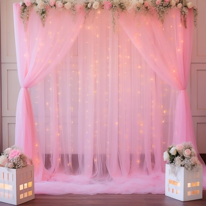 30ft x 8ft Pink Backdrop Curtain with Lights String for Parties, Sheer Tulle Wedding Photo Backdrops Drapes for Baby Shower Birthday Party Decorations Background for Photography