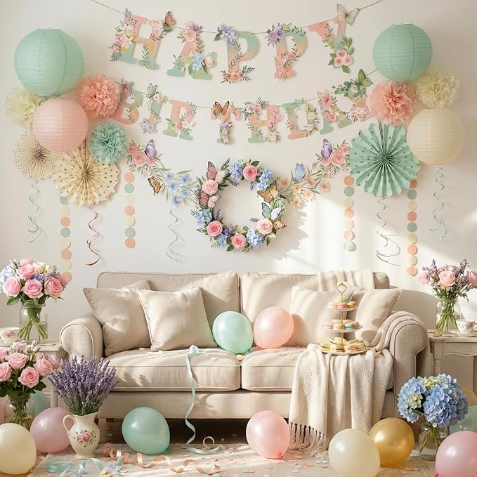 Sage Green Blush Pink Birthday Decorations,Flower Butterfly Happy Birthday Banner, Wildflower Garland,Paper Lanterns Tissue Pom Poms for Spring Summer Boho Fairy Garden Tea Party Neutral Décor