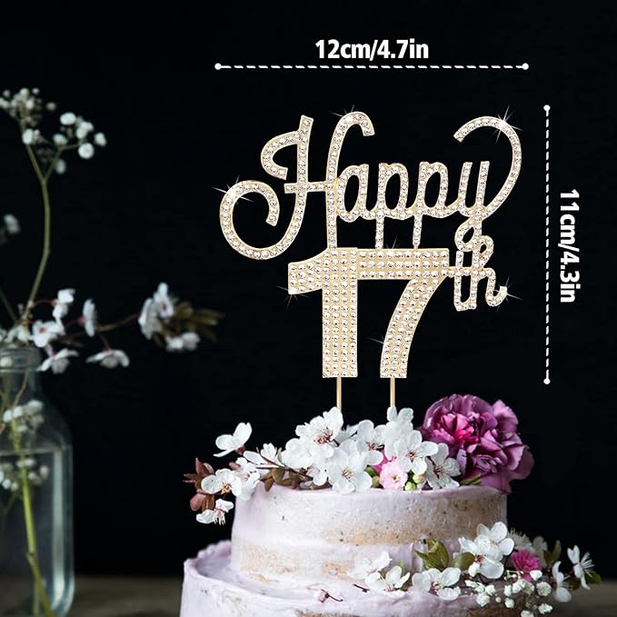 LINGTEER Happy 17th Birthday Gold Rhinestone Cake Topper - Cheers to 17th Birthday Seventeen Years Old Party Cake Centerpieces Topper Decorations Gift Sign.