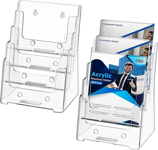 KTRIO 4 Tier Acrylic Brochure Holder 6 x 9, Clear Pamphlet Display Stand Plastic Flyer Organizer for Literature, Catalogs, Desk & Wall Mount, 2 Pack