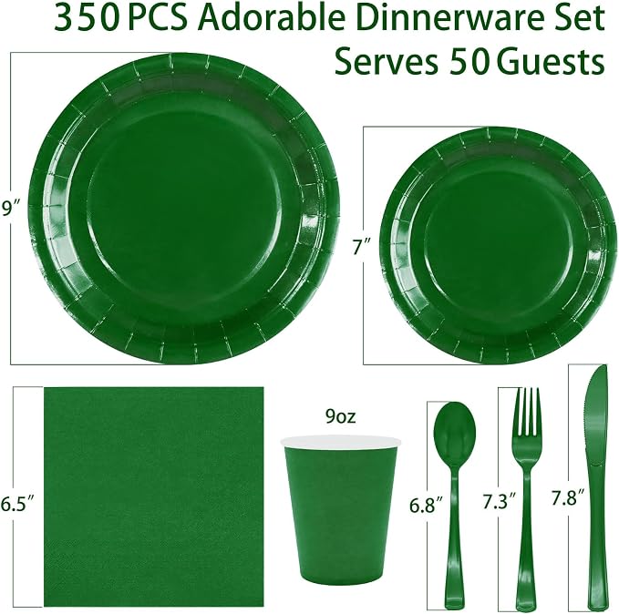 Green Paper Plates Party Supplies,350pcs Green Plates and Napkins Party Supplies Disposable Dinnerware Sets for St. Patrick's Mardi Gras Birthday Decorations Serve 50