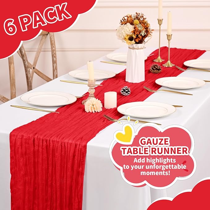 6 Pack Cheesecloth Table Runner,Red Table Runner Long Romantic Semi Sheer Rustic Boho Gauze Table Runners for Wedding Bridal Shower Birthday Party Decorations(17.7×108 Inch)