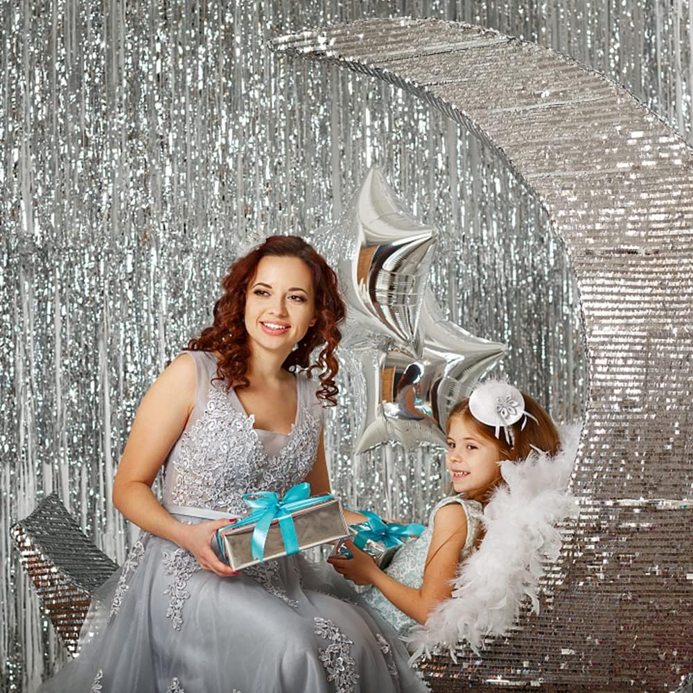 10 Pack Silver Backdrop Curtain Party Decorations Foil Fringe Backdrop Silver Tinsel Streamers Birthday Bachelorette New Year Christmas Wedding Baby Shower Disco Party Decorations