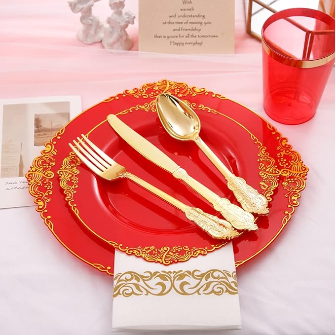 Morejoy 175PCS Red Plastic Plates,Red Disposable Plates With Gold Rim,Red and Gold Plastic Dinnerware Set Includes: 50 Plates,25 Silverware Sets,25 Cups,25 Napkins,Perfect for Party,Mother's Day