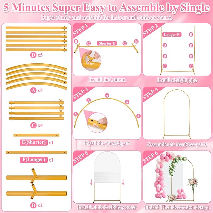 Jupwalz Arch Backdrop Stand and Cover Set, Metal Arch Stand with Rich Balloon Tool for Wedding Birthday Baby Shower Graduation Event Balloon Flowers Decor, Easy to Assemble (7.2FT, White)