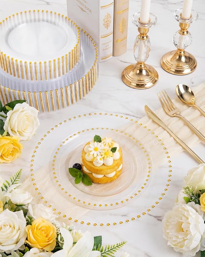 supernal 180Pcs Clear Gold Dinnerware Set,Premium Heavy Duty Clear Plastic Plates with Gold Beads,Clear Disposable Plates with Plastic Silverware and 10oz Cups for Wedding/Party/Valentine's Day