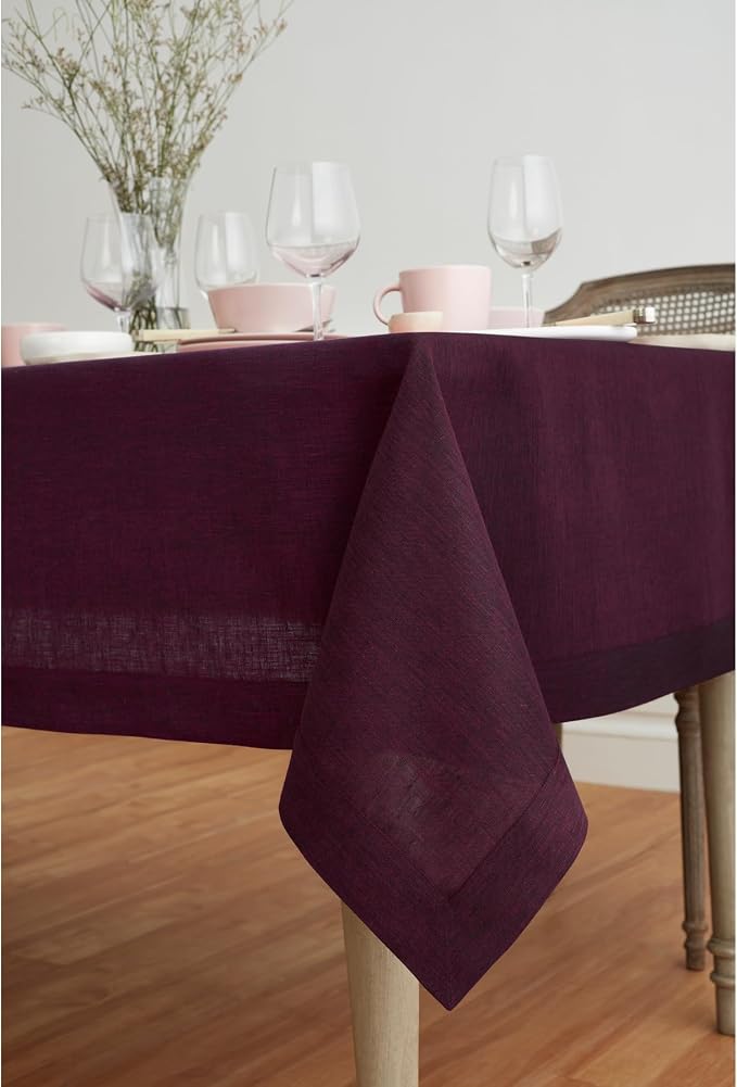Solino Home Linen Tablecloth 60 x 90 Inch - 100% Pure Linen Chambray Burgundy Table Cloth for Rectangle Tables - Athena, Machine Washable Tablecloth