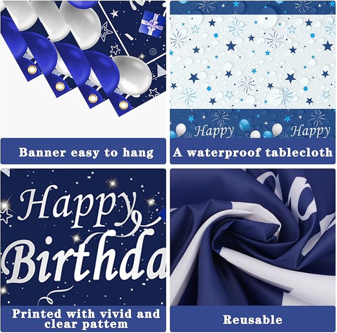 Blue and Silver Birthday Party Decoration for Men Boys Women Girls | Happy Birthday Backdrop Banner Tablecloth Party Supplies Confetti Balloons Arch