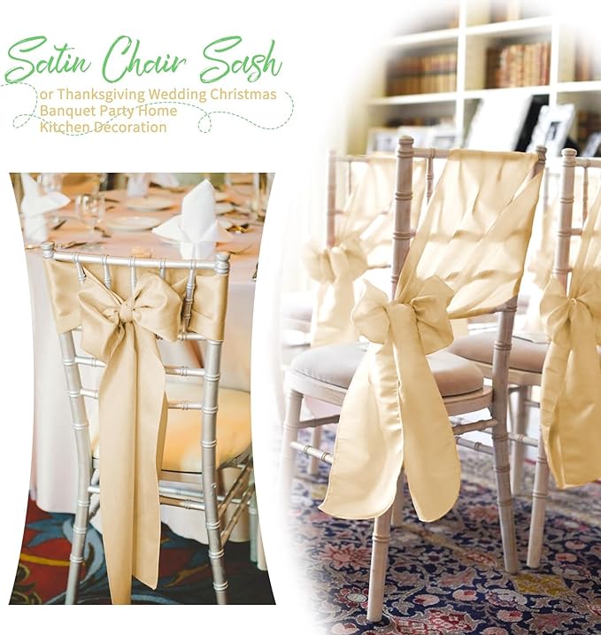 120 PCS Champagne Satin Chair Sashes, Ties Bows Designed Chairs Decorative, Chair Cover Sashes for Thanksgiving Wedding Christmas Banquet Party Home Kitchen Decoration (7 x 108 inch)