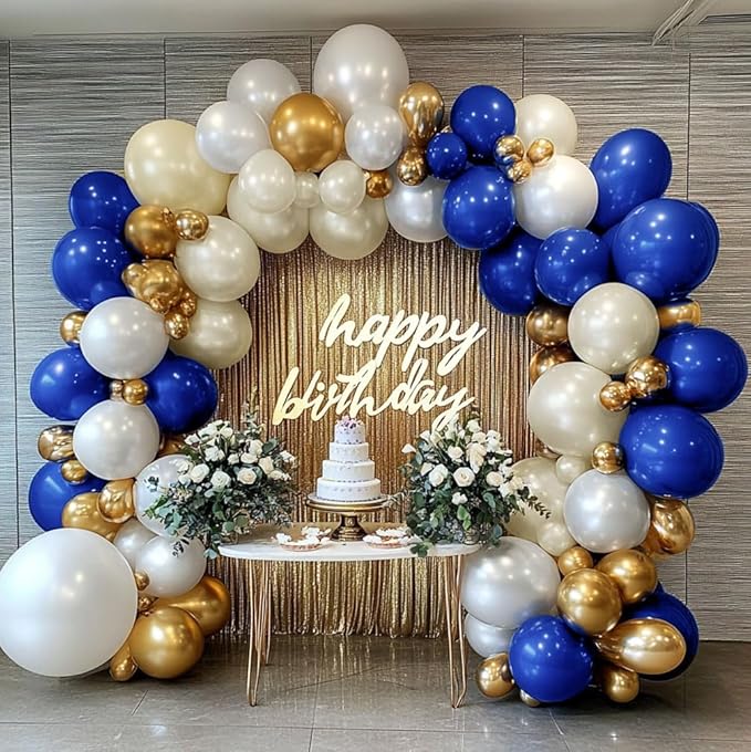 Royal Blue and Gold Balloon Garland - Double Stuffed Pearl Sand White Blue Gold Balloons Arch Kit for Birthday Graduation Anniversary Bachelor Wedding Baby Shower Party Decoration