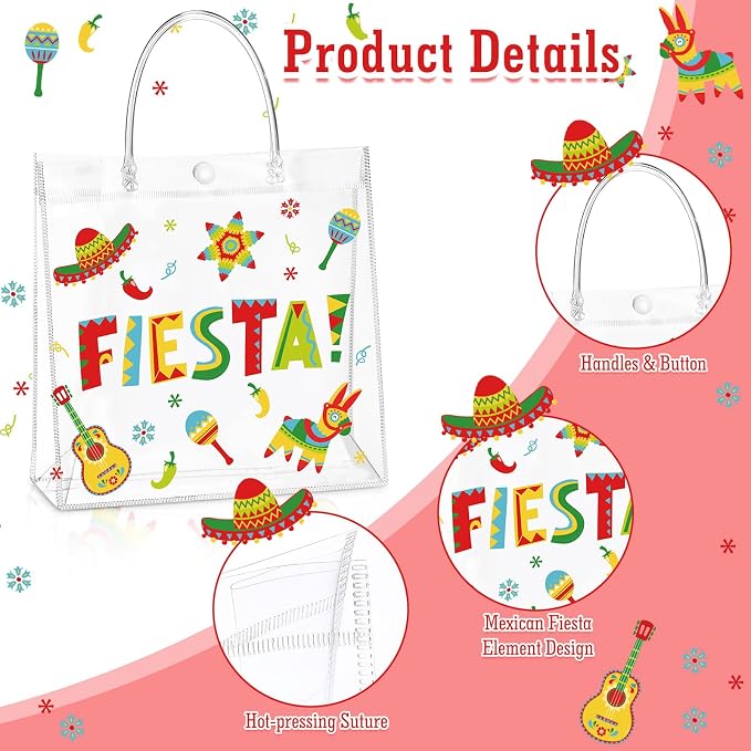 Hosuly 24 Pcs Mexican Fiesta PVC Treat Bags with Handles Reusable Fiesta Clear Plastic Gift Bags Cinco De Mayo Candy Goodie Handbags Taco Bar Favors Decor for Mexico Party Supplies