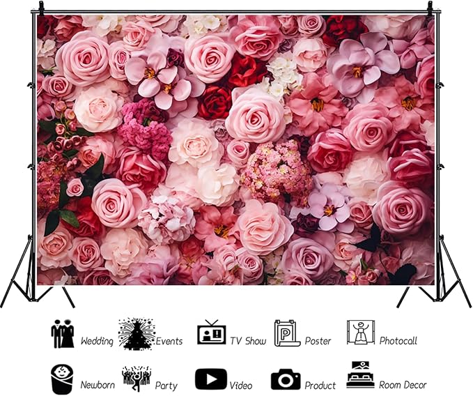 7x5ft Flower Backdrop Pink Red Rose Flowers Floral Wall Photography Background Birthday Baby Shower Wedding Party Banner Decorations Supplies Photo Booth Props