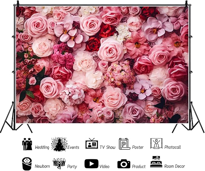 6x4ft Flower Backdrop Pink Red Rose Flowers Floral Wall Photography Background Birthday Baby Shower Wedding Party Banner Decorations Supplies Photo Booth Props