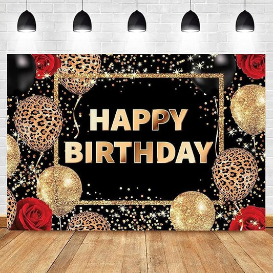 Leopard Print Happy Birthday Backdrop 5Wx3H Feet Polyester Fabric Black Gold Red Cheetah Print Banner for Woman Girls Decoration Balloon Rose Cool Photography Background Photo Shoot Props