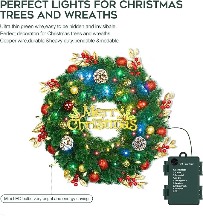 FairyGlim Battery Operated Christmas Lights, Waterproof Dark Green Copper Wire Fairy Light String Light for Garland, Wreath, Patio, Garden, Wedding, Party, Xmas (Multicolor, 200 LED 2Pack)