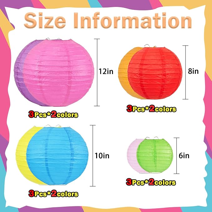 Colorful Paper Lanterns, 24Pcs Hanging Lanterns for Classroom & Party Decor | 6-12 Inch Assorted Rainbow Lantern Set for Birthdays, Summer Parties, Weddings, Baby Showers and Colorful Hanging Decor
