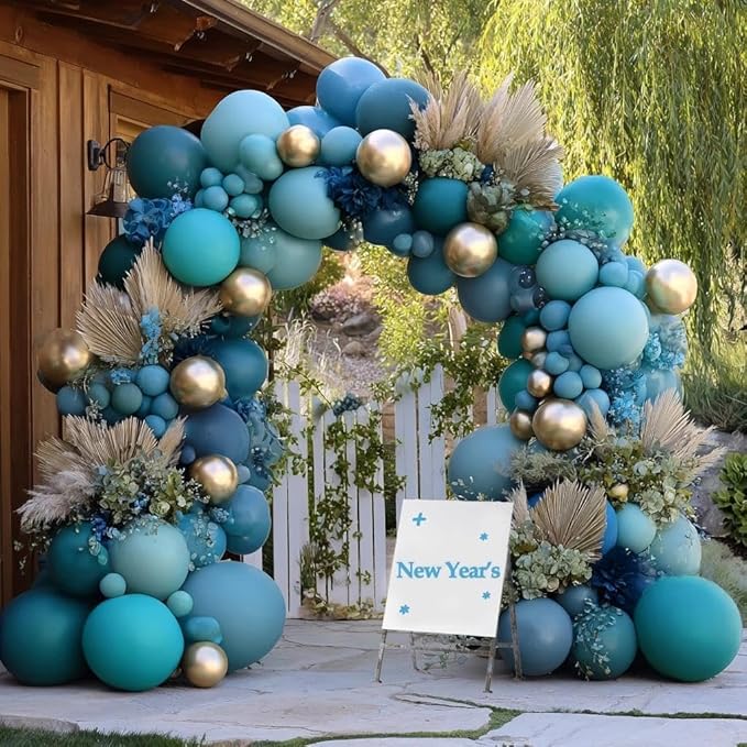 Teal Blue Gold Balloons Double Stuffed Latex Dusty Blue Turquoise Balloon Different Sizes Teal Gold Balloon Garland for Birthday Wedding New Year Anniversary Baby Shower Ocean Party Decor