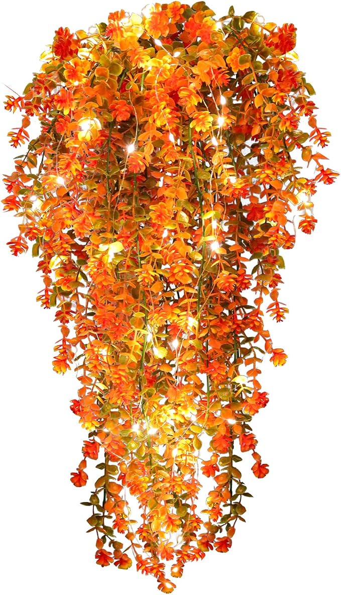 RECUTMS Fall Artificial Flowers - Faux Hanging Plants with Lights for Thanksgiving Indoor/Outdoor Wedding & Garden Party (Salmon)