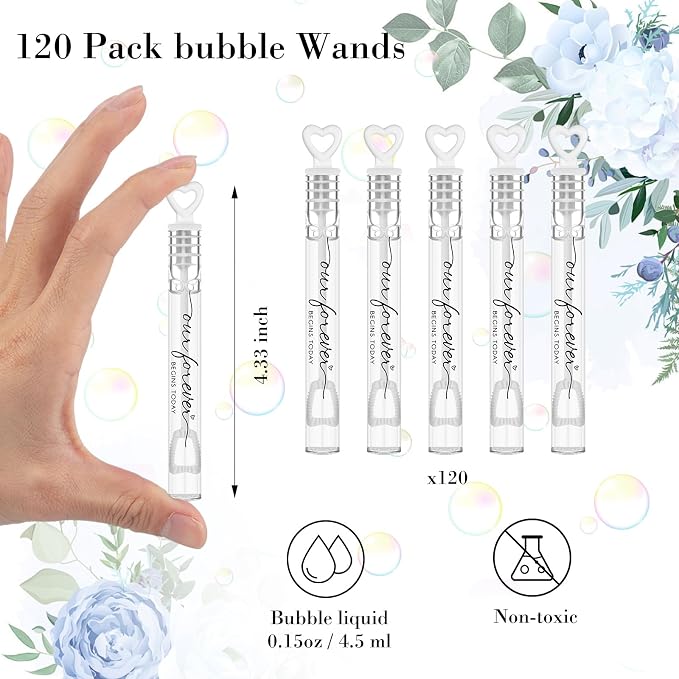 Hollowfly 120 Pack Wedding Mini Bubble Wands for a Wedding Bulk White Heart Black Begin Word Bubble for Guests Send Off Wand Adults Bridal Shower Party Supplies Valentine Anniversaries Celebration