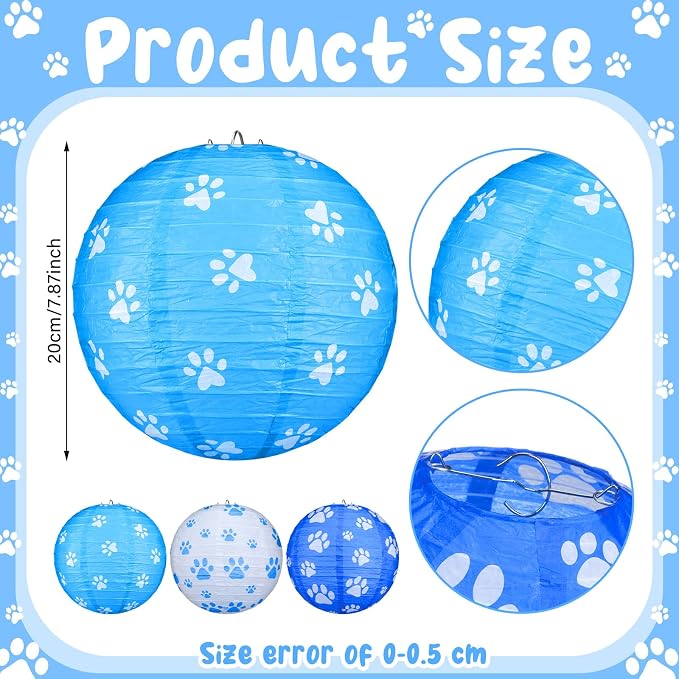 Panelee 12 Pcs Dog Paw Print Paper Lanterns Puppy Themed Party Decorations Blue and White Pet Paw Print Round Hanging Lanterns 8 Inch for Dog Birthday Party Decorations Supplies Indoor Outdoor