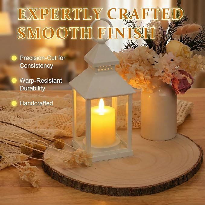 6 Sets Wedding White Decorative Candle Lanterns with Wood Slices Flameless Candle Hanging Lights Rustic Farmhouse Centerpieces Table Decor for Wedding Summer Boho Decoration