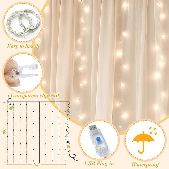 Ledido 2 Pack 10×8ft Beige Tulle Backdrop Curtains with Lights String - 600LED Fairy Lights Sheer Curtain Backdrop for Wedding Baby Shower Photo Shoot Birthday Party Decoration(4 Panels 5×8ft)，Beige