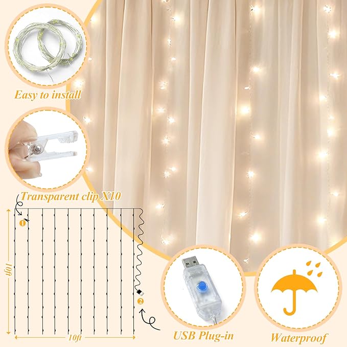 Ledido 4 Pack 10×8ft Beige Tulle Backdrop Curtains with Lights String - 1200LED Fairy Lights Sheer Curtain Backdrop for Wedding Baby Shower Photo Shoot Birthday Party Decoration(8 Panels 5×8ft)，Beige
