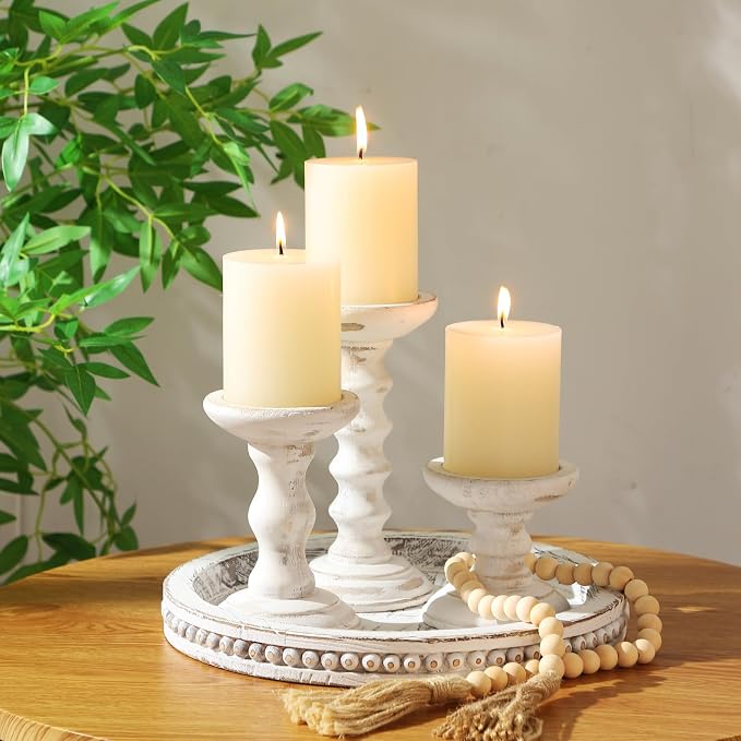 Reallnaive 8 Pcs Farmhouse Wood Candle Holders with Pillar Candles Set Wooden Rustic Candle Holders Round Decorative Serving Tray Bead Garland with Natural Wood Tassels for Table Centerpiece(White)