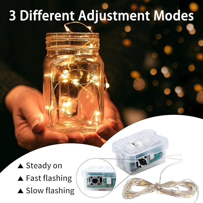50 Pack Yellow Fairy Lights 7Ft 20 LED Twinkle String Lights 3 Modes Battery Operated Waterproof Firefly Starry for Mason Jar Party Wedding Christmas Thanksgiving Day Table Centerpieces