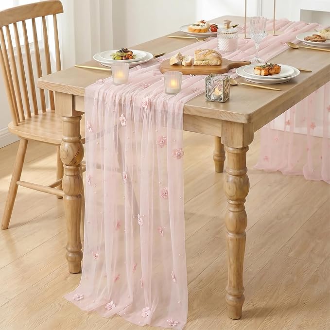 Artoid Mode Pink Flower Pearl Pink Gauze Table Runner 10FT, Seasonal Sheer Dining Holiday Wedding Birthday Baby Shower Table Decor for Home Party