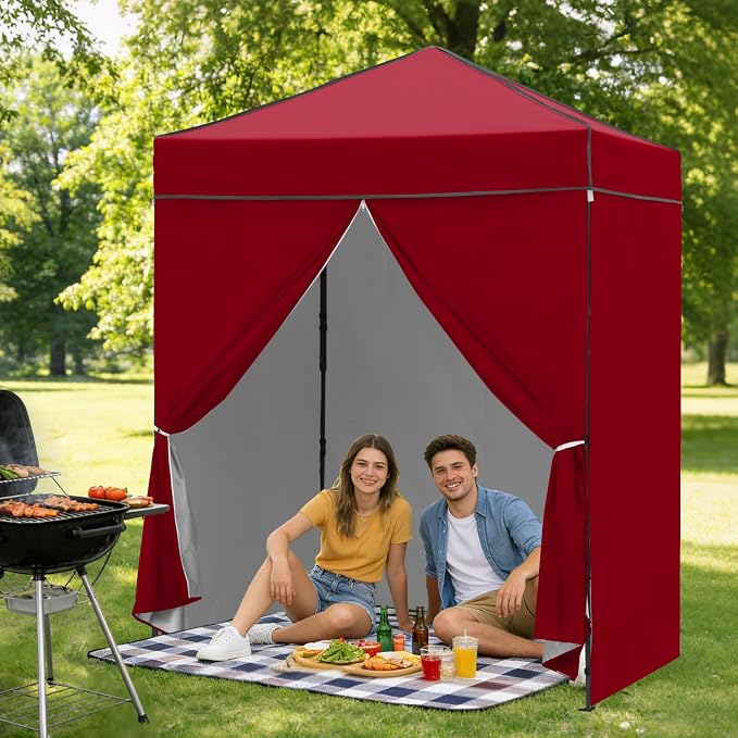 6x4 Pop Up Canopy Tent with Four Wall Panels, Instant Portable Beach Canopy, Outdoor Tent with Carry Bag for Camping, Sports, Tailgating, Events, Burgundy