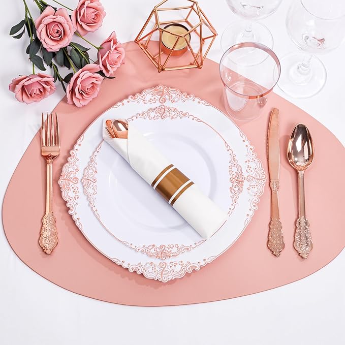 Nervure 700PCS Rose Gold Plastic Plates - Rose Gold Plastic Dinnerware Sets for 100 Guests - 200 White Disposable Plates, 300 Silverware, 100 Cups, 100 Napkins for Wedding & Party & Mothers Day