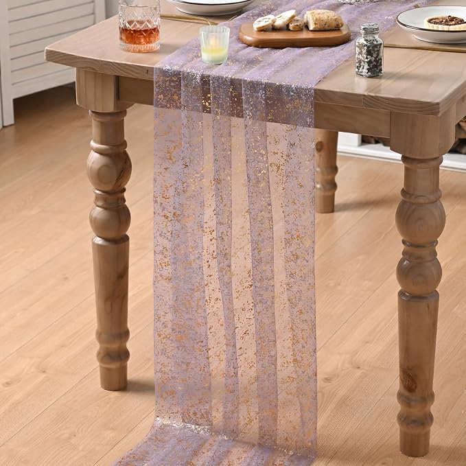 Artoid Mode 6Pcs Grayish Purple Gauze Gold Table Runner 10FT, Glitter Metallic Foil Sheer Dining Wedding Anniversary Holiday Table Decor for Home Party