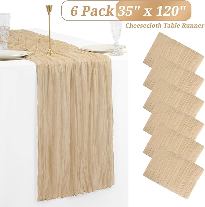 Showgeous 6 Pack Beige Cheesecloth Table Runner, 10FT Long Semi-Sheer Boho or Rustic Gauze Table Runner Wedding Table Decor for Wedding Arch Draping Bridal Shower Holiday Party