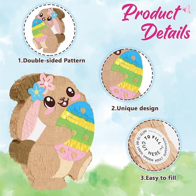 WERNNSAI Easter Bunny Piñata - Easter Piñata with Blindfold and Stick Spring Easter Piñata for Kids Easter Party Decoration Supplies for Birthday Decoration School Spring Party Game