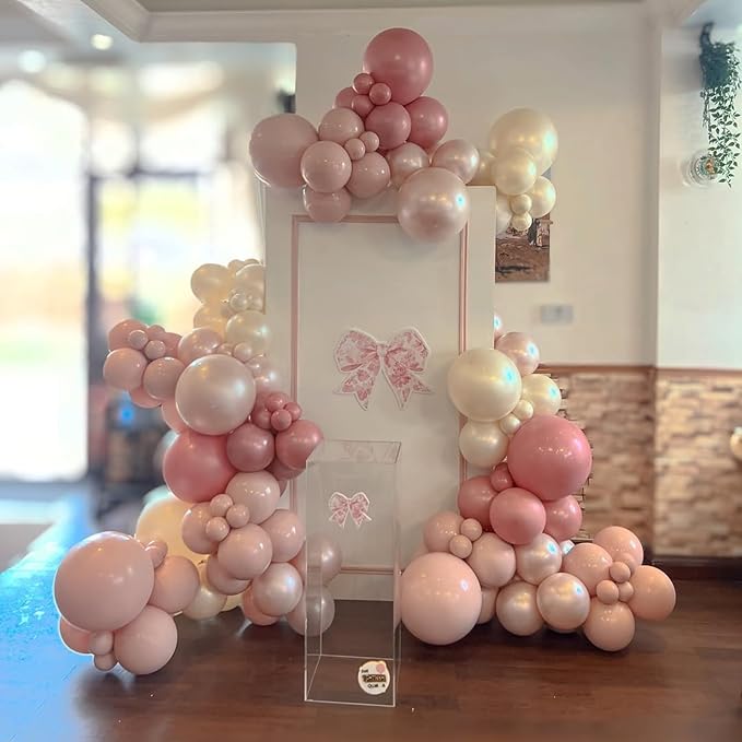 Pearl Dusty Pink Balloon Arch, Boho Double Stuffed Blush Pink Pearl White Balloons, Neutral Dusty Rose Ivory Clear Balloon Garland for Wedding Engagement Baby Bridal Shower Birthday Party Decorations